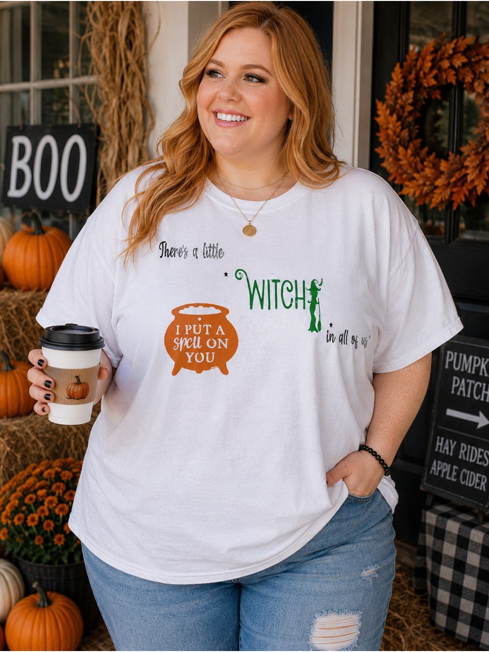 Handmade Witch Graphic T-Shirt 2XL White “There’s a Little Witch in All of Us”